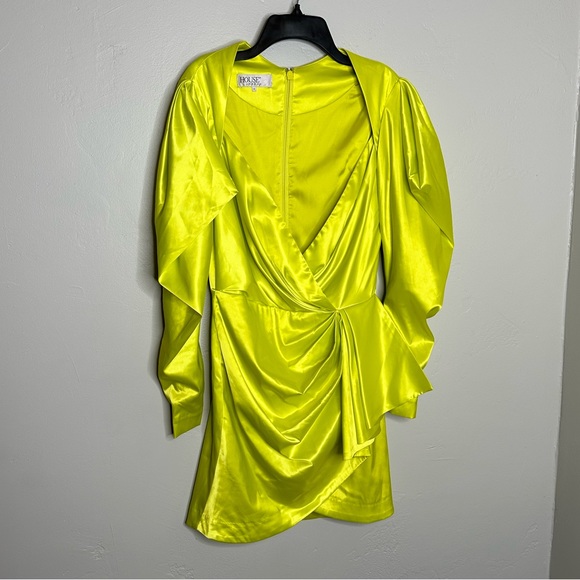 House of CB Marionella Lime Green Yellow Long Sleeve Drape Mini Dress - Picture 7 of 12